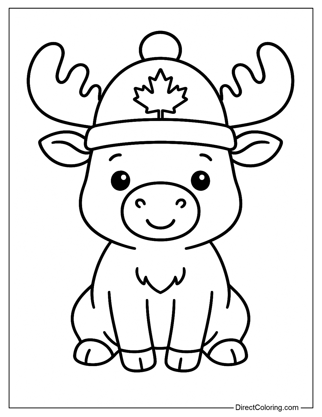 A little moose coloring page wearing a red maple leaf hat.